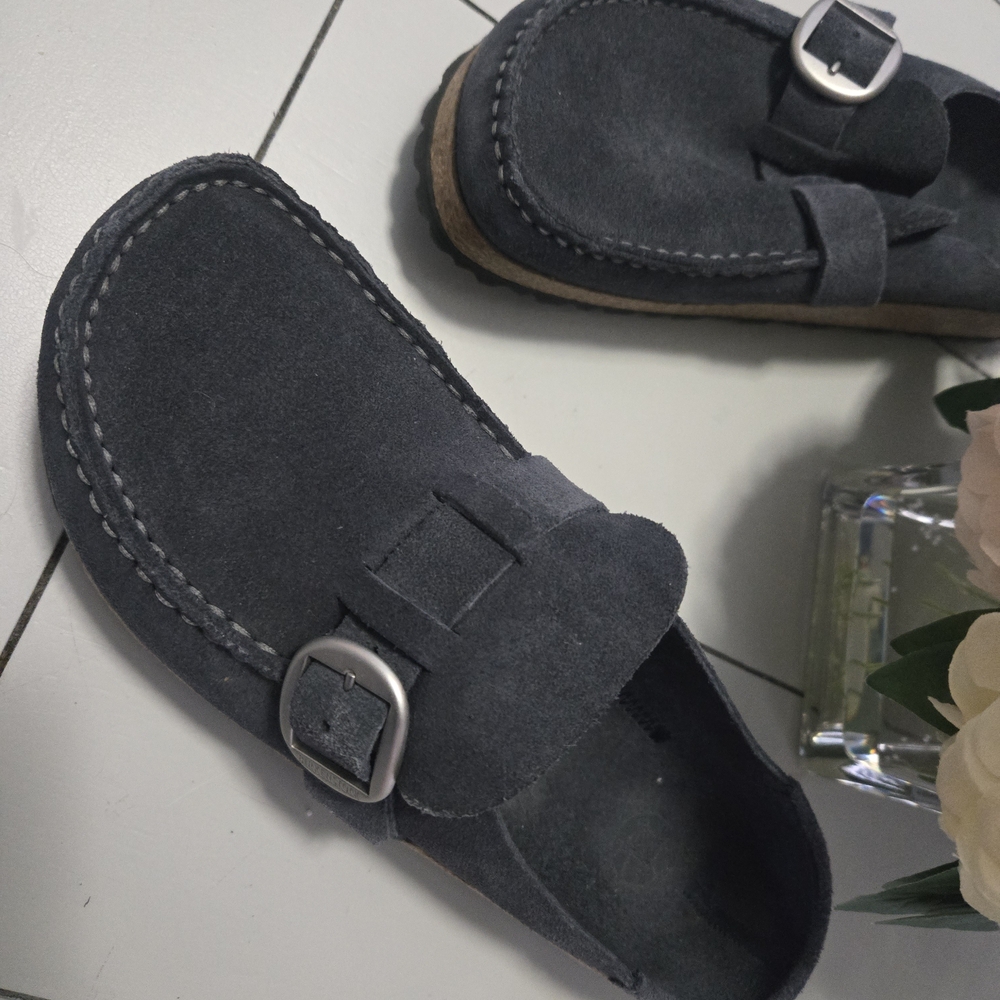 Birkenstock Unisex Blue/Gray Suede Buckle Clog Sandals - Picture 4 of 7